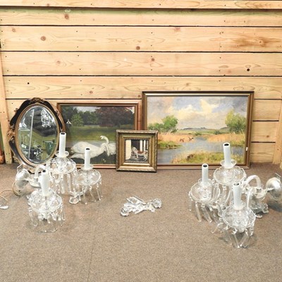 Lot 244 - A pair of glass wall lights and pictures