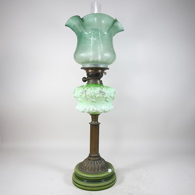 Lot 262 - An 19th century brass oil lamp and shade