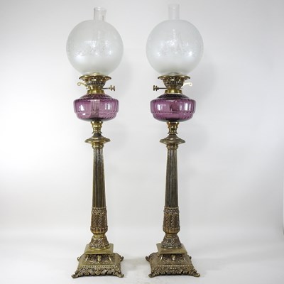 Lot 222 - A pair of Victorian style brass oil lamps and shades