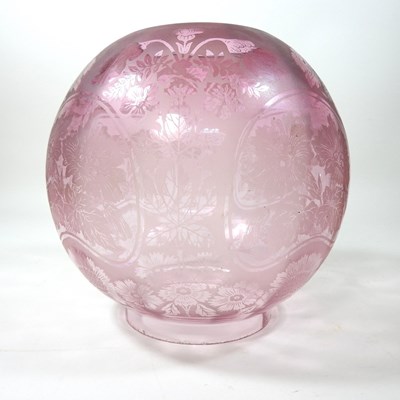 Lot 65 - An amethyst etched glass l oil lamp shade