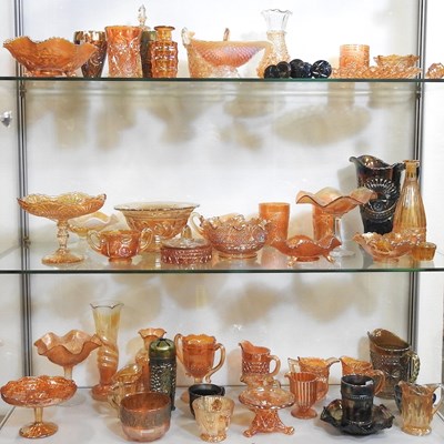 Lot 236 - Three shelves of carnival and coloured glass