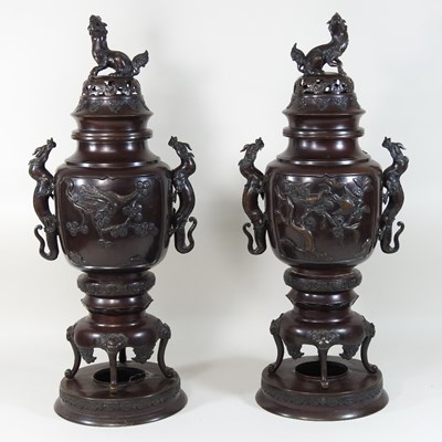 Lot 3 - A pair of early 20th century Chinese bronze pot potpourri vases and covers