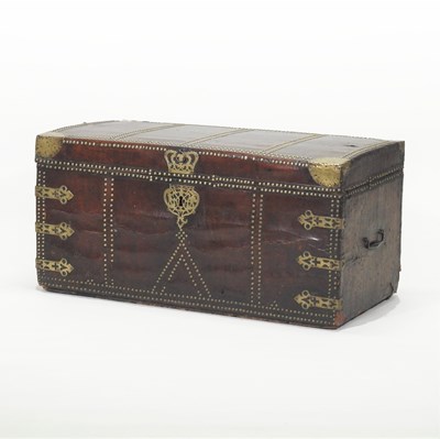 Lot 90 - An 18th century brown leather clad trunk