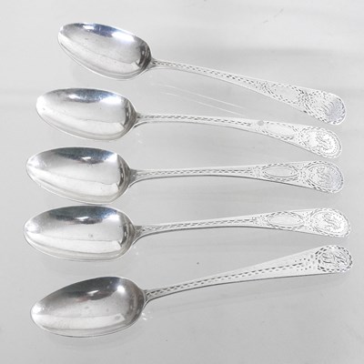 Lot 106 - A collection of five bright cut silver teaspoons