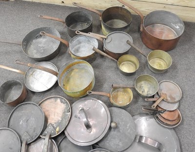 Lot 220 - Two trays of antique copper pans