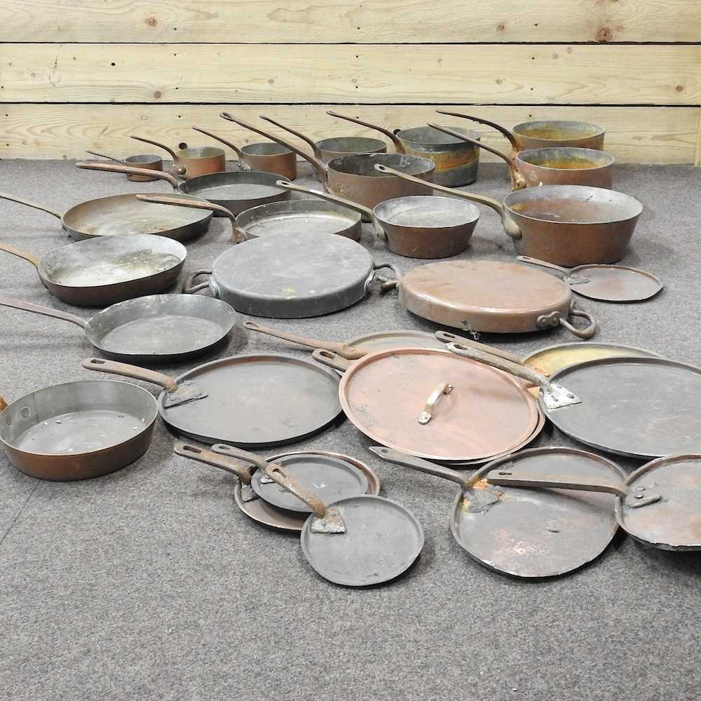 Lot 172 - Two trays of antique copper pans