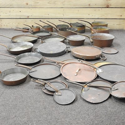 Lot 172 - Two trays of antique copper pans