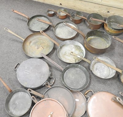 Lot 172 - Two trays of antique copper pans