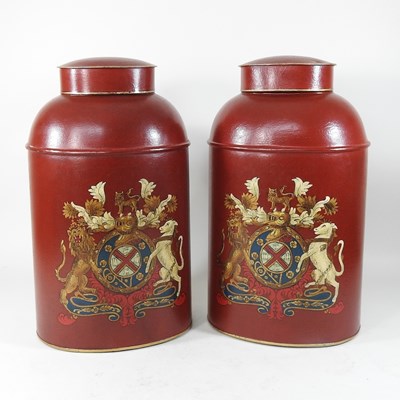 Lot 610 - A pair of red tole style canisters