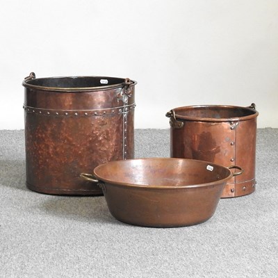 Lot 407 - Two copper buckets and a jam pan