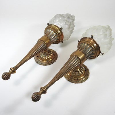 Lot 35 - A pair of brass and glass wall lights